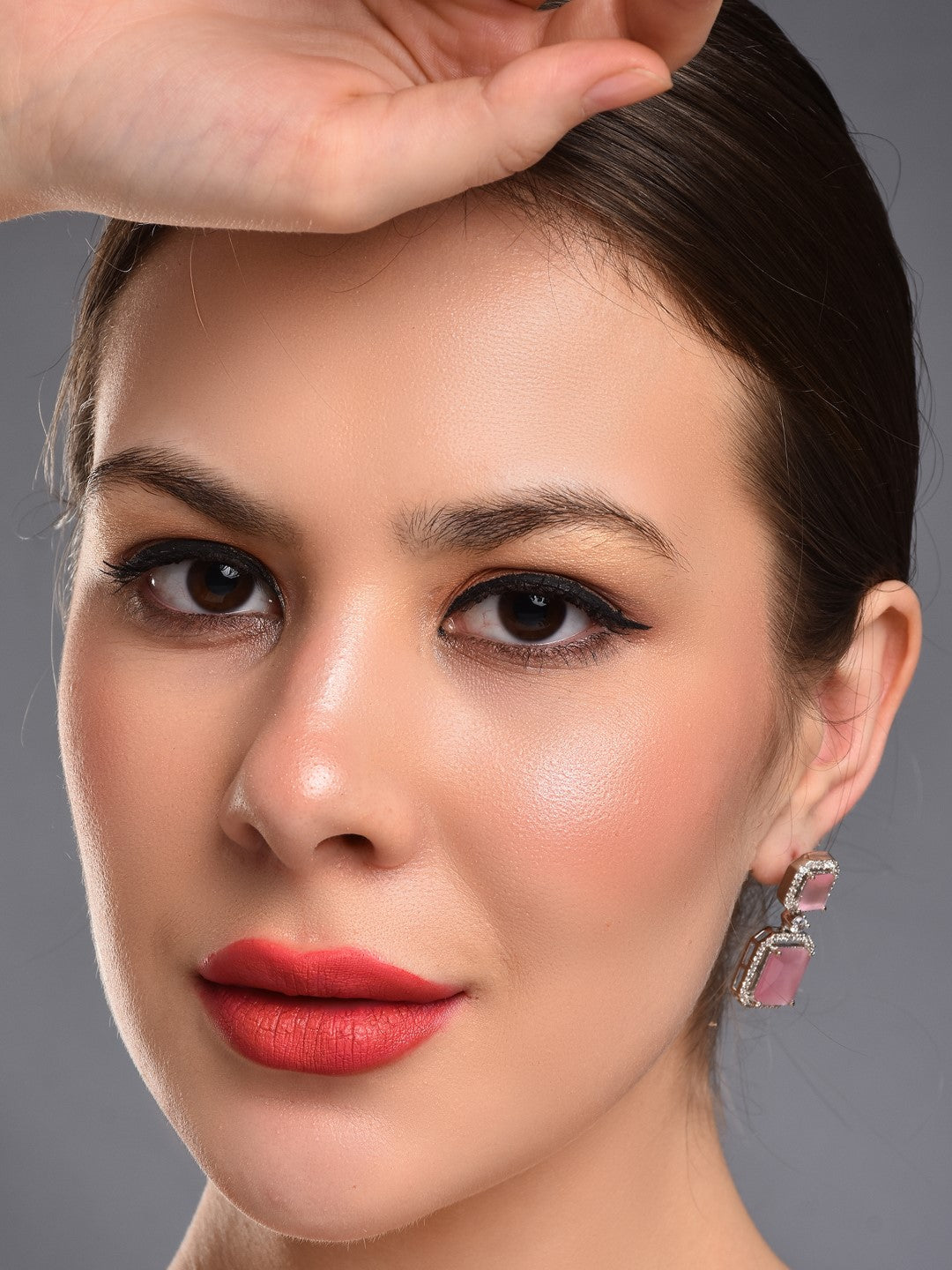 Rhodium Plated Rectangular CZ stone drop earriing Pink