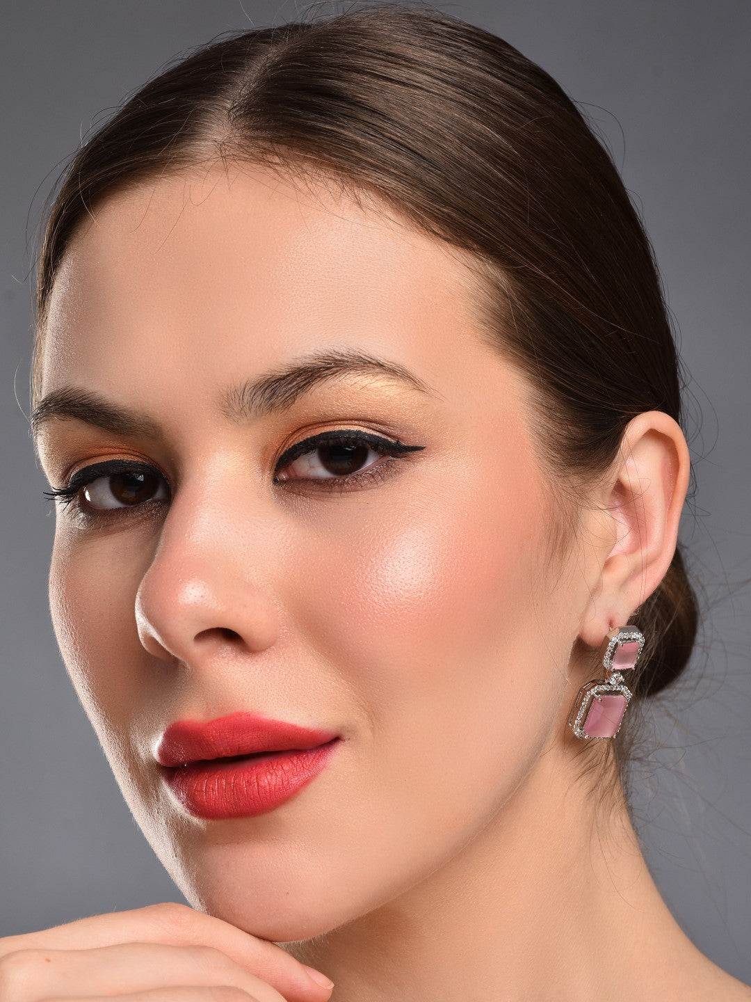 Rhodium Plated Rectangular CZ stone drop earriing Pink
