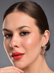 Rhodium Plated Rectangular CZ stone drop earriing Pink