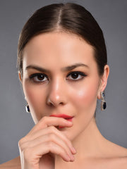 Rhodium Plated Rectangular CZ stone drop earring Blue