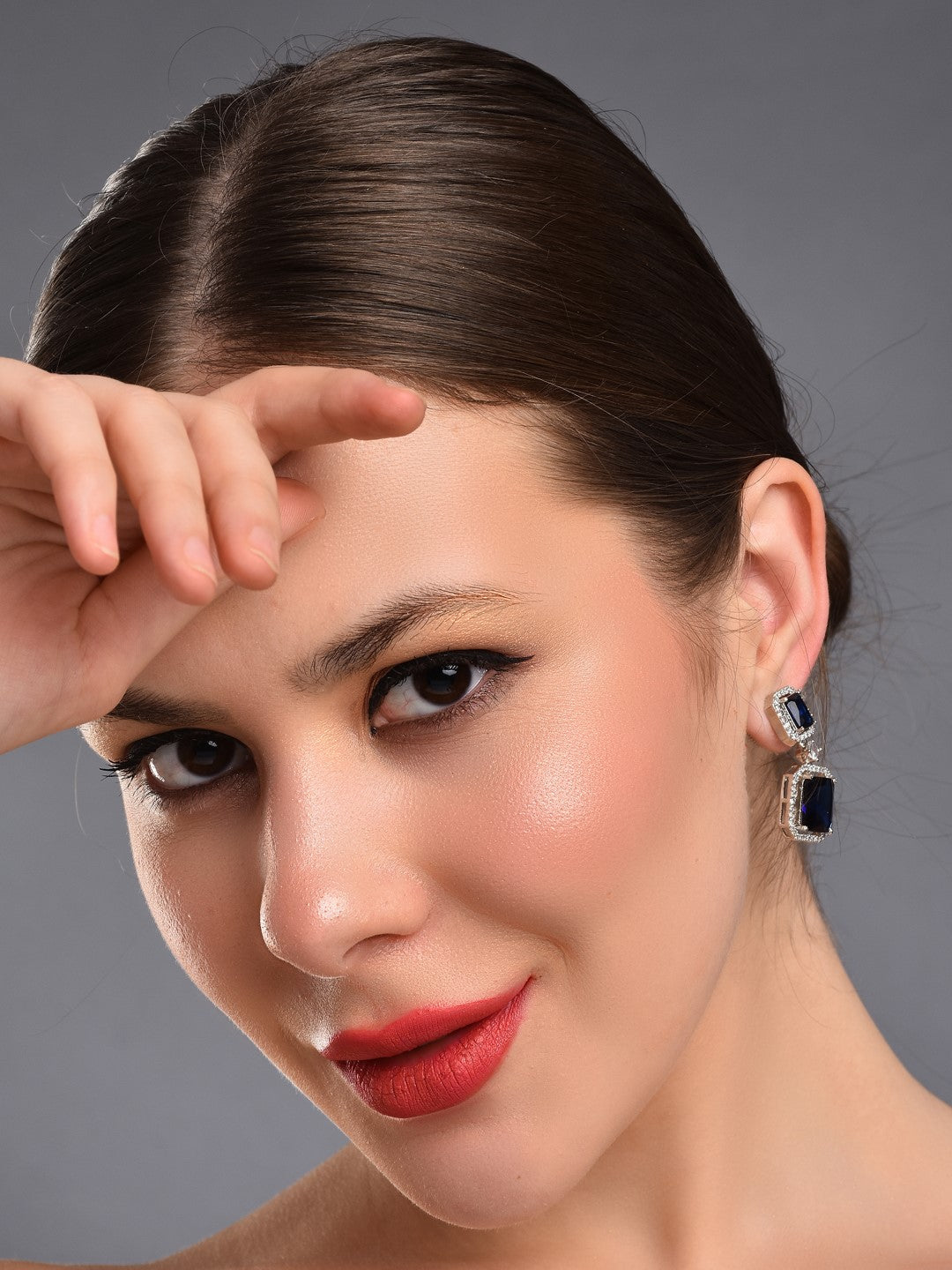 Rhodium Plated Rectangular CZ stone drop earring Blue