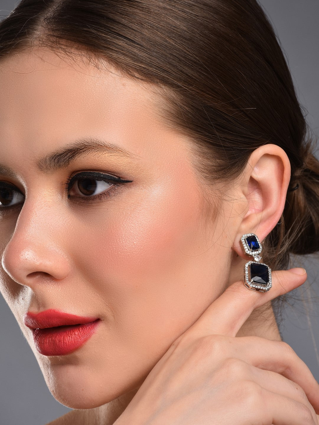 Rhodium Plated Rectangular CZ stone drop earring Blue