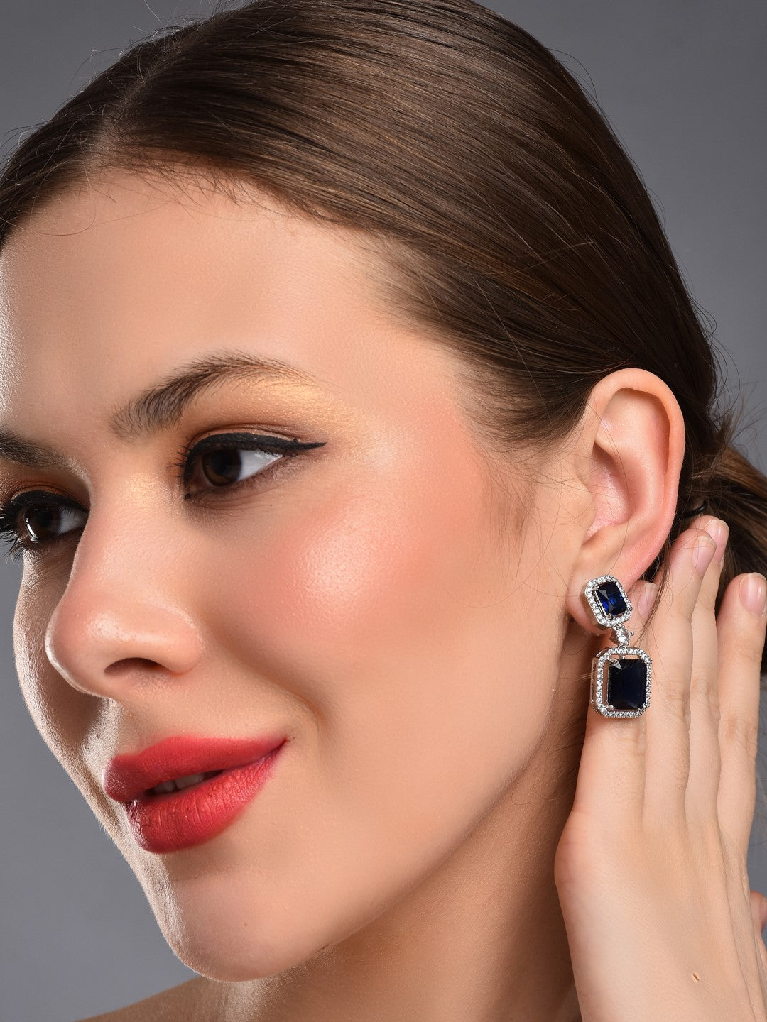 Rhodium Plated Rectangular CZ stone drop earring Blue