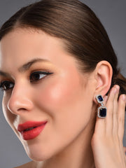 Rhodium Plated Rectangular CZ stone drop earring Blue