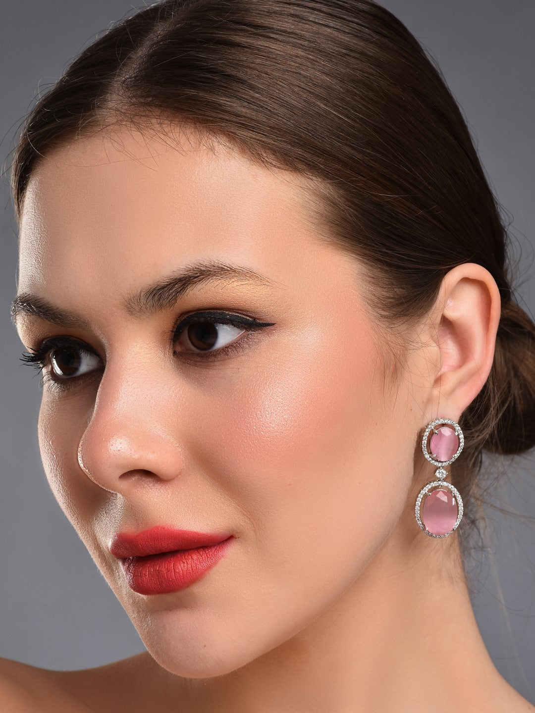 Oval Drop Earrings with CZ Stones Pink
