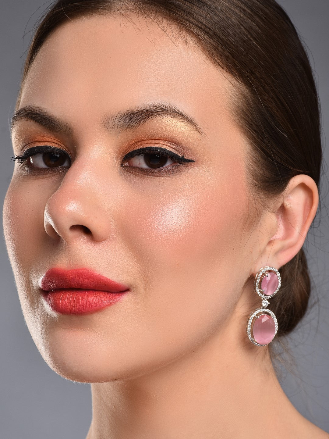 Oval Drop Earrings with CZ Stones Pink
