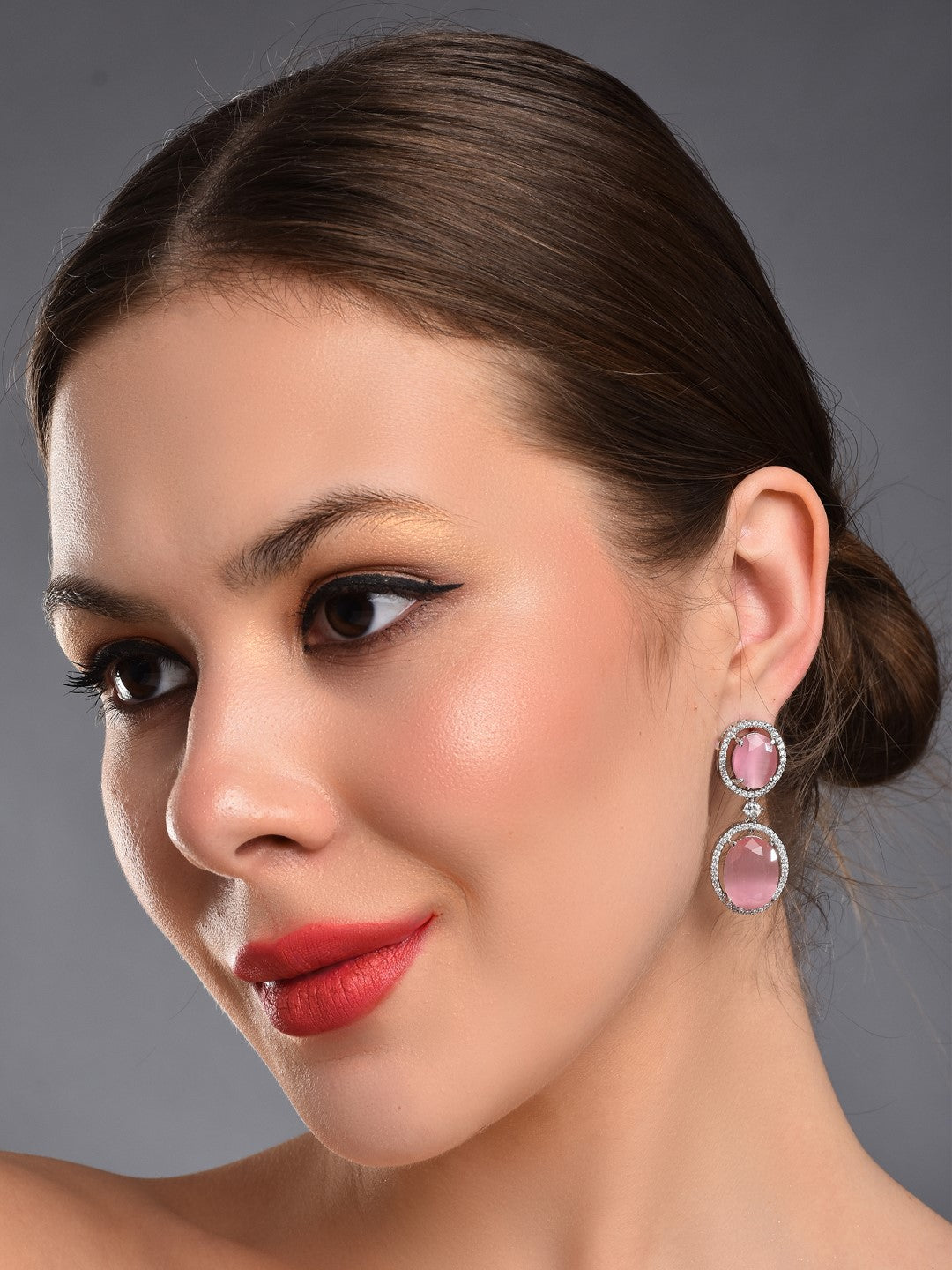 Oval Drop Earrings with CZ Stones Pink