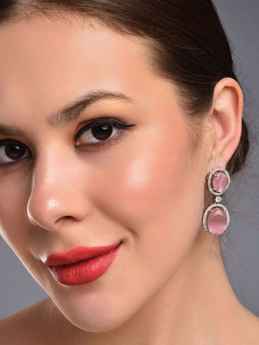Oval Drop Earrings with CZ Stones Pink