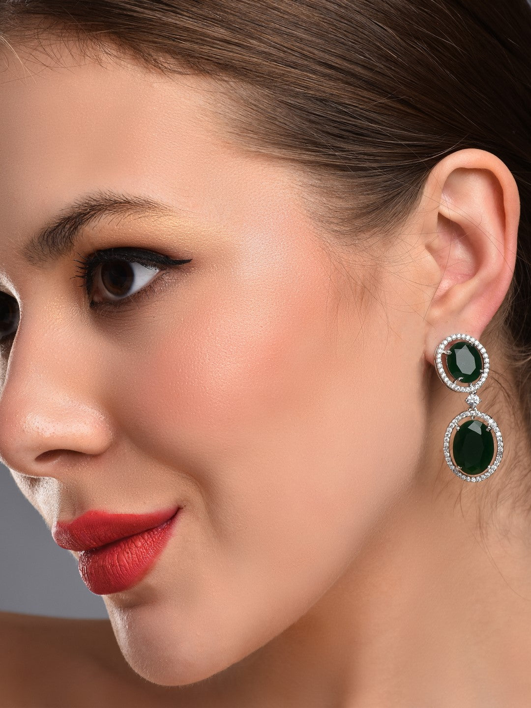 Oval Drop Earrings with CZ Stones Green