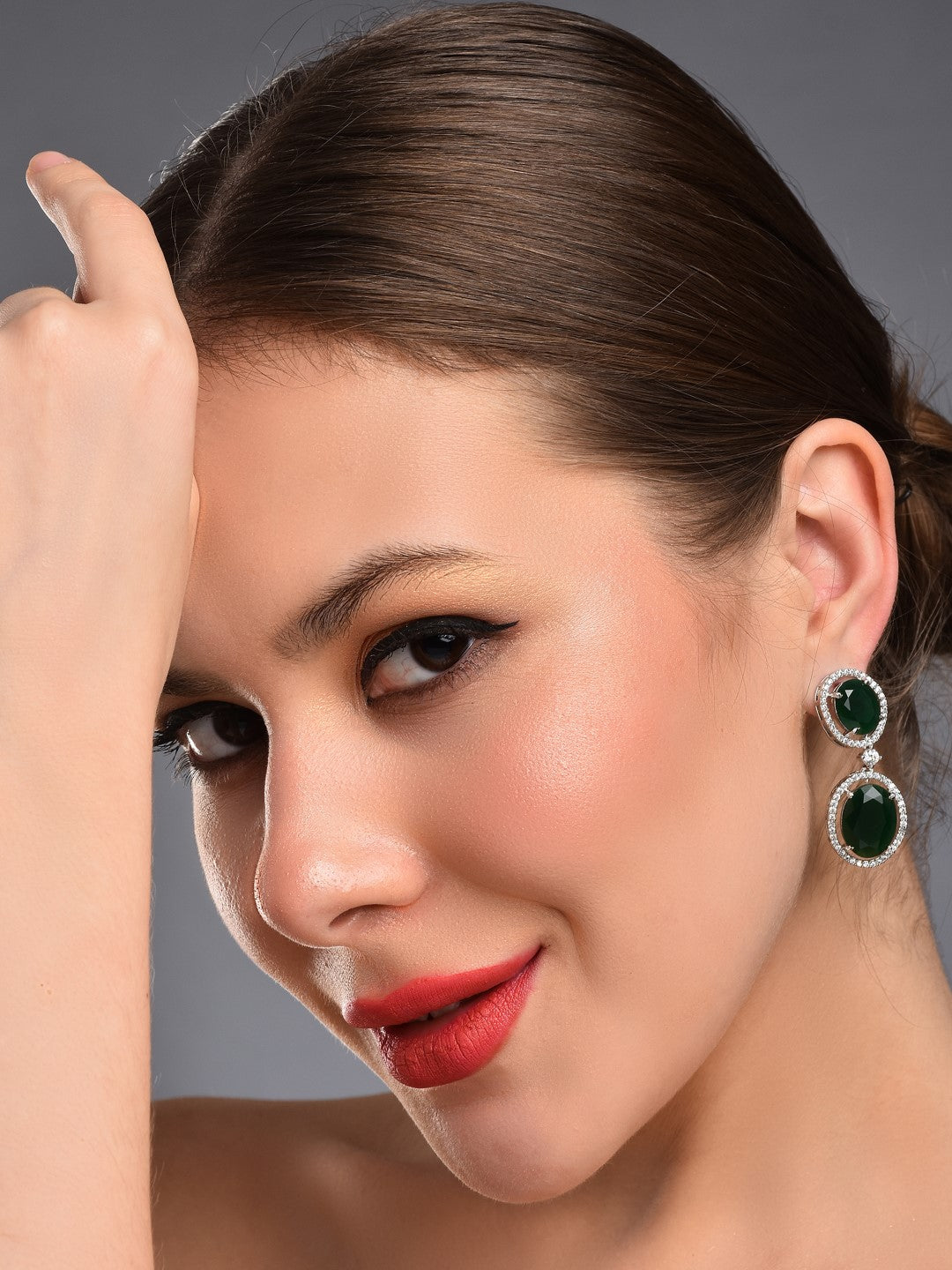 Oval Drop Earrings with CZ Stones Green