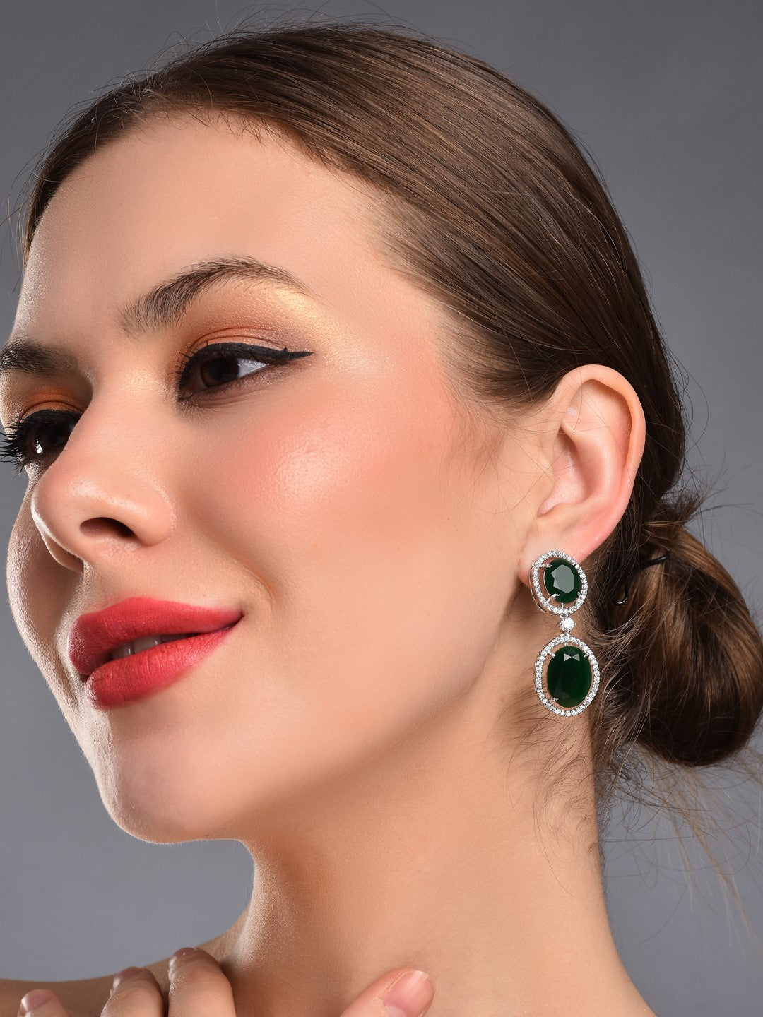 Oval Drop Earrings with CZ Stones Green