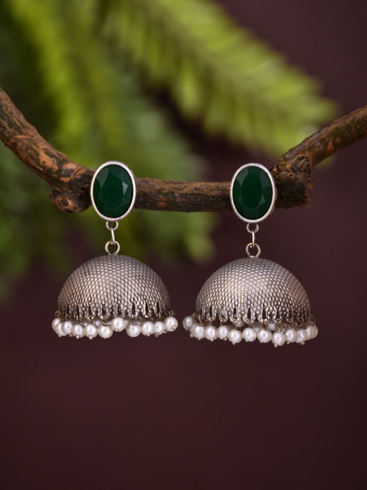 Elegant Silver Oxidised Green Stone Jhumka