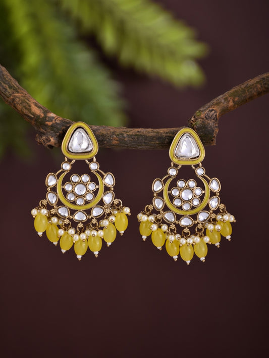 Gold plated kundan & Meenakari Chandbali Earring Yellow