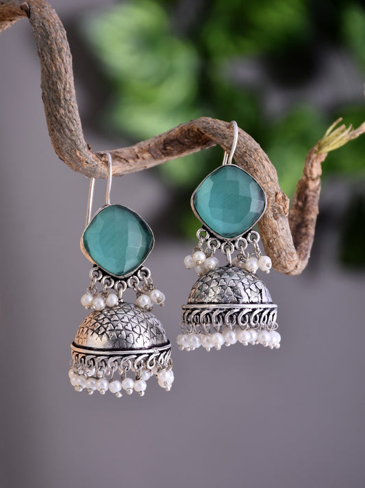 Silver Oxidised finish Jhumka with Blue Stone