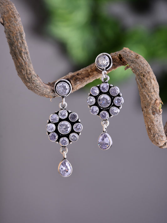 Brass White AD Stone Drop Earrings with Floral & Teardrop Design