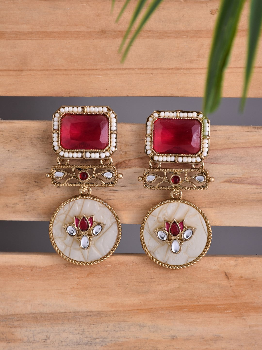 Lotus Motif Pink Stone Drop Earrings