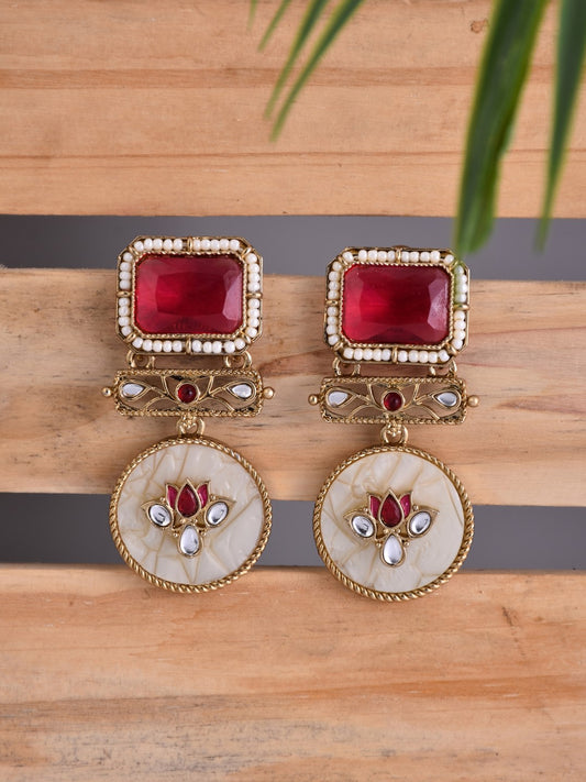 Lotus Motif Pink Stone Drop Earrings