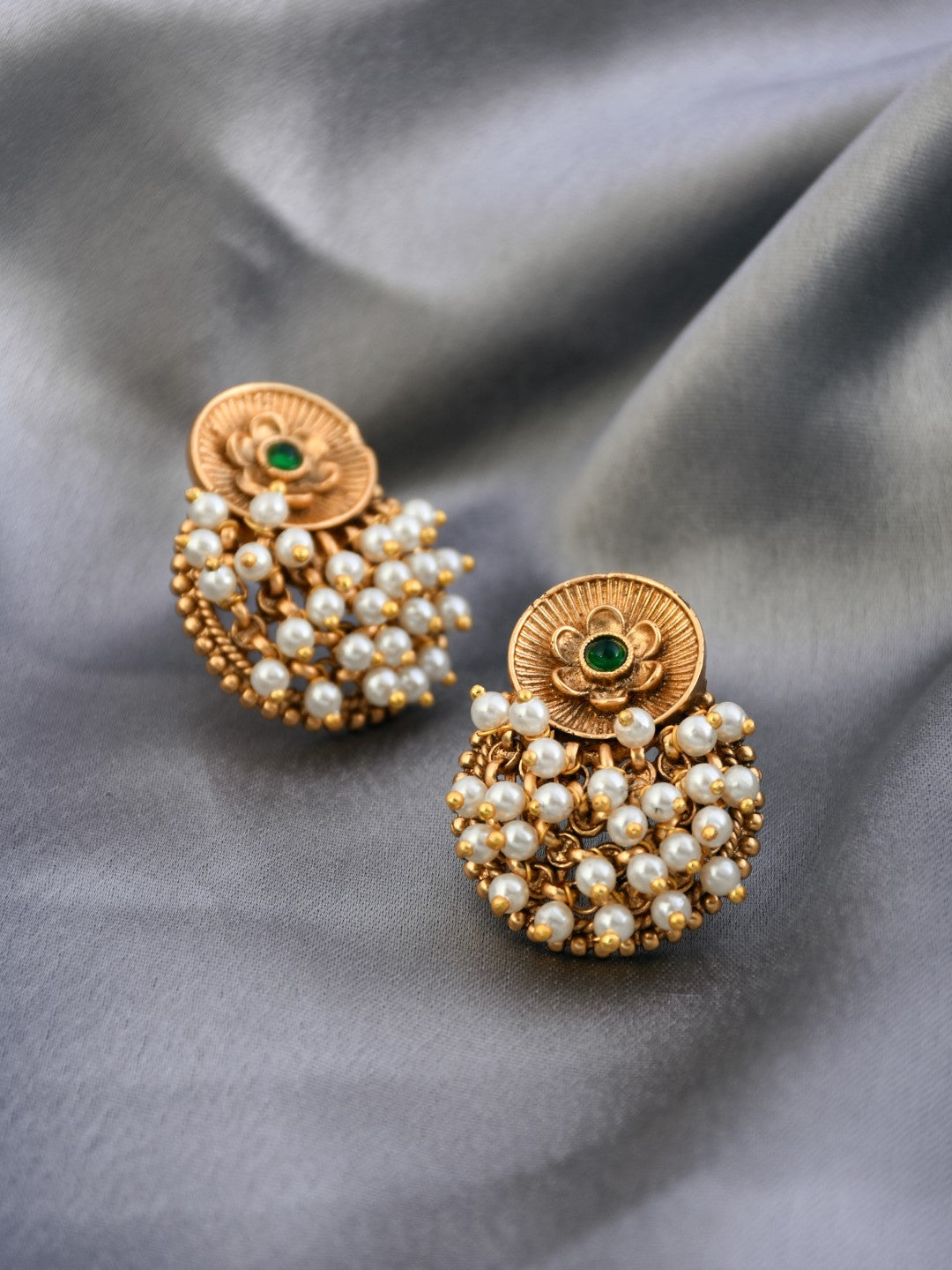 Antique Finish Brass Pearl Cluster Stud Earrings