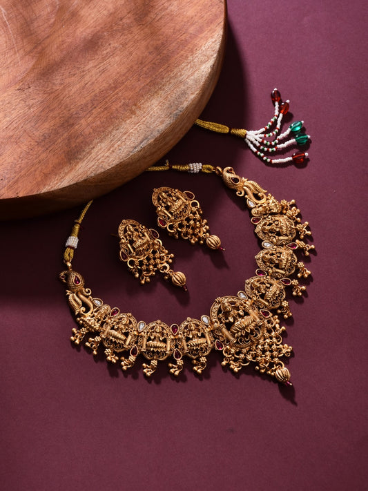 Laxmi Temple Necklace Set with Red stones