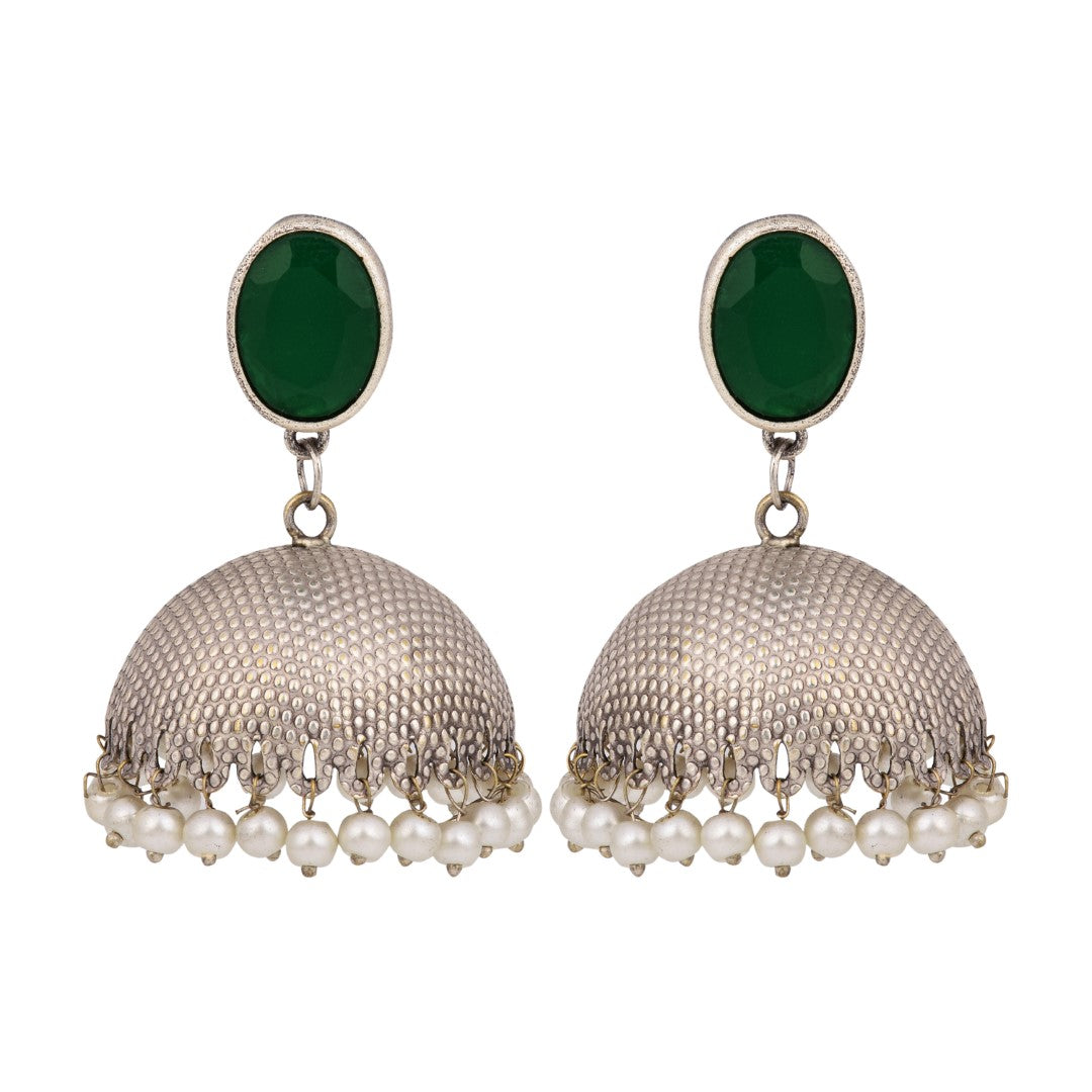 Elegant Silver Oxidised Green Stone Jhumka