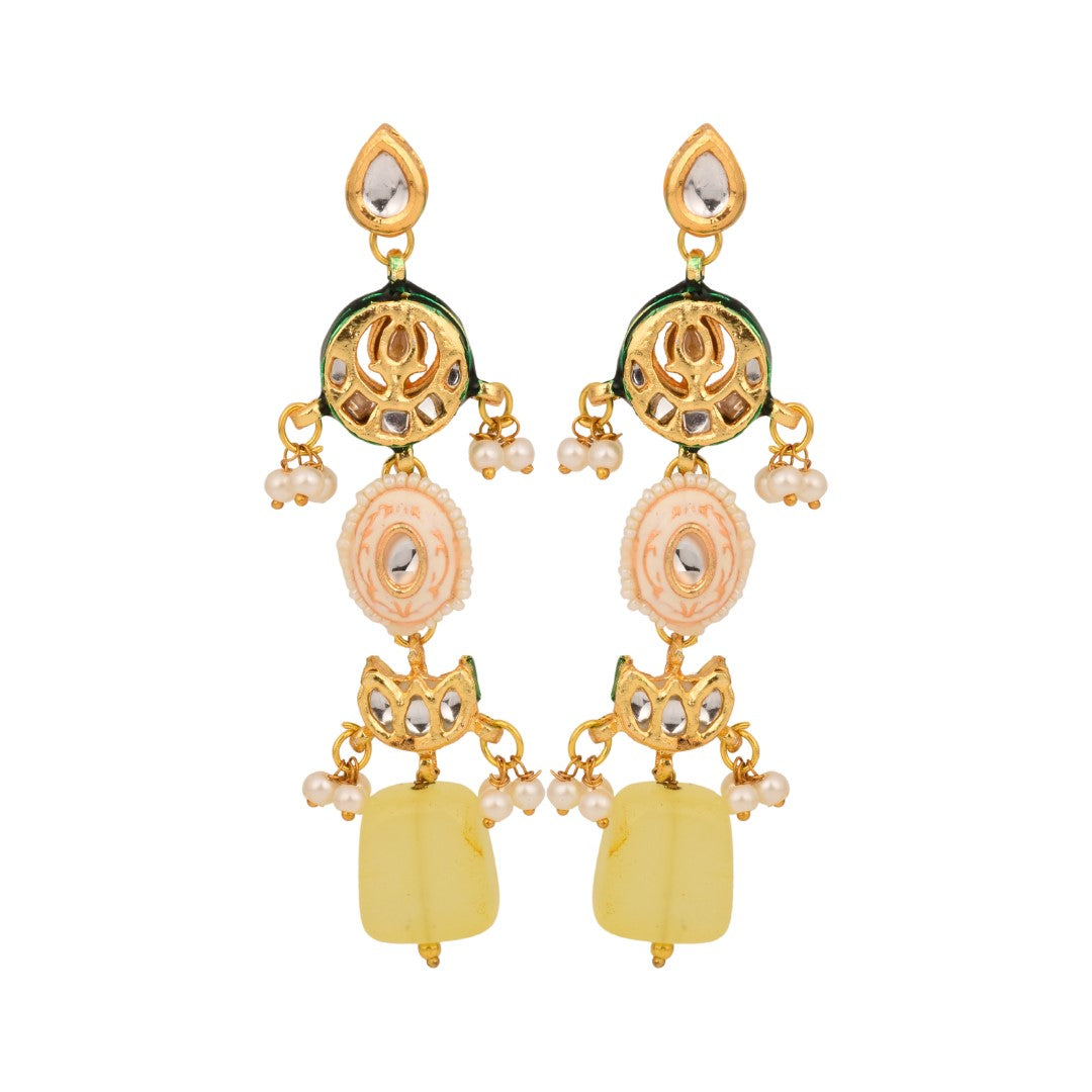 Gold-Plated Long Drop Earrings with Kundan, Meenakari & Natural Yellow Stones