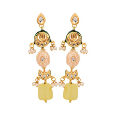 Gold-Plated Long Drop Earrings with Kundan, Meenakari & Natural Yellow Stones