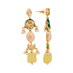 Gold-Plated Long Drop Earrings with Kundan, Meenakari & Natural Yellow Stones