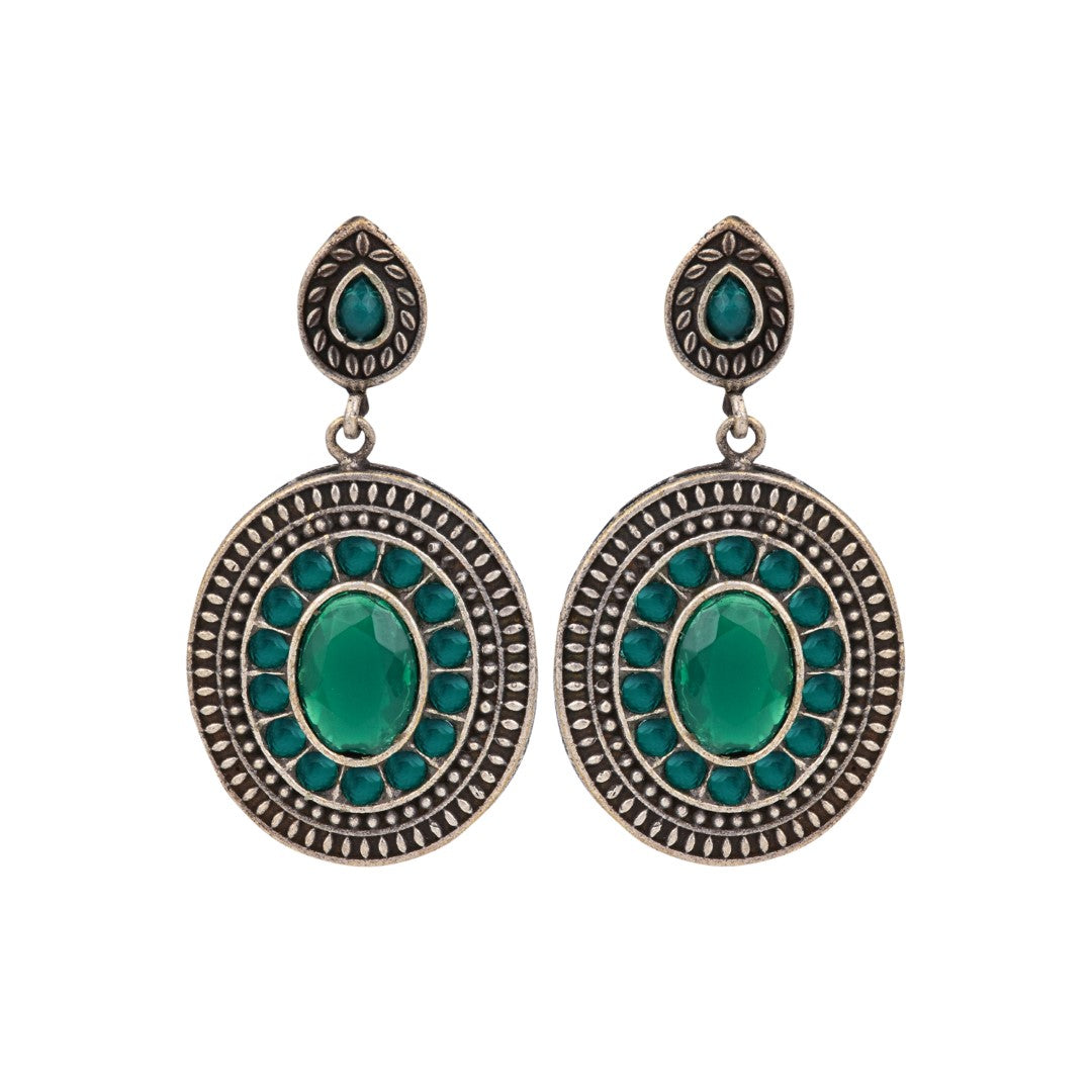 Elegant Oval Drop Earrings – Silver Oxidised Finish