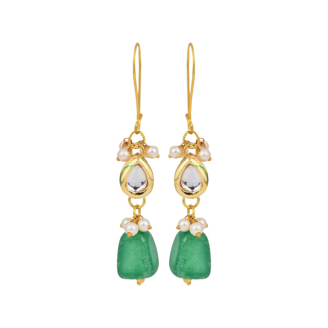 Gold-Plated Kundan & Natural Green Stone Drop Earrings
