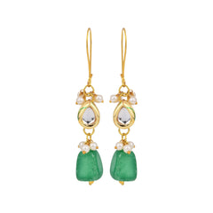 Gold-Plated Kundan & Natural Green Stone Drop Earrings