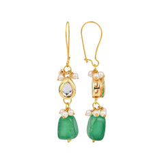 Gold-Plated Kundan & Natural Green Stone Drop Earrings
