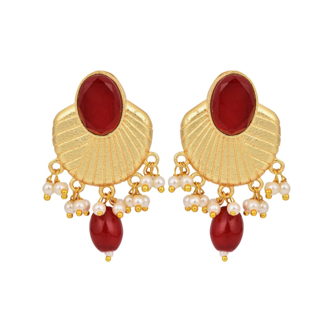 Gold plated Studs with red stone & red pearl drops