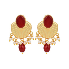 Gold plated Studs with red stone & red pearl drops