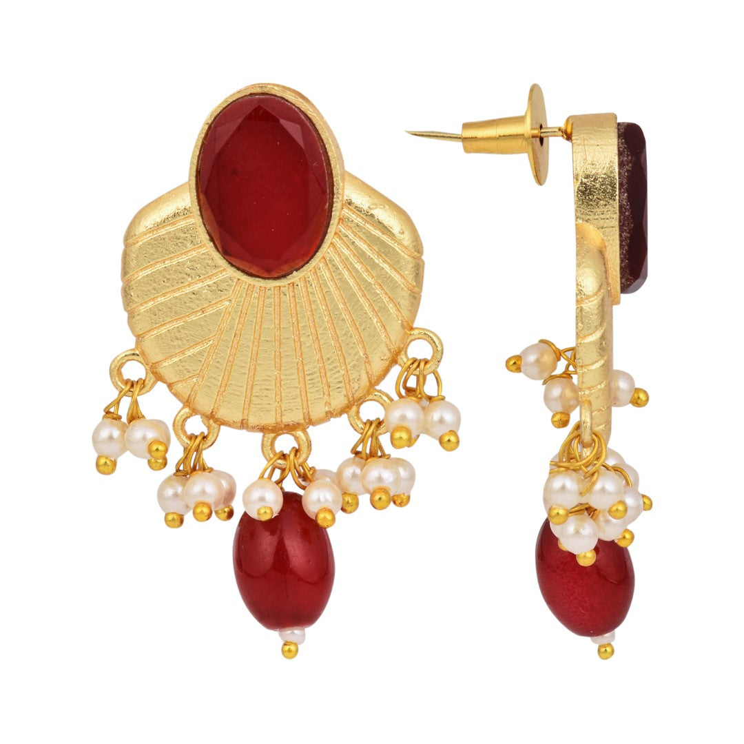 Gold plated Studs with red stone & red pearl drops