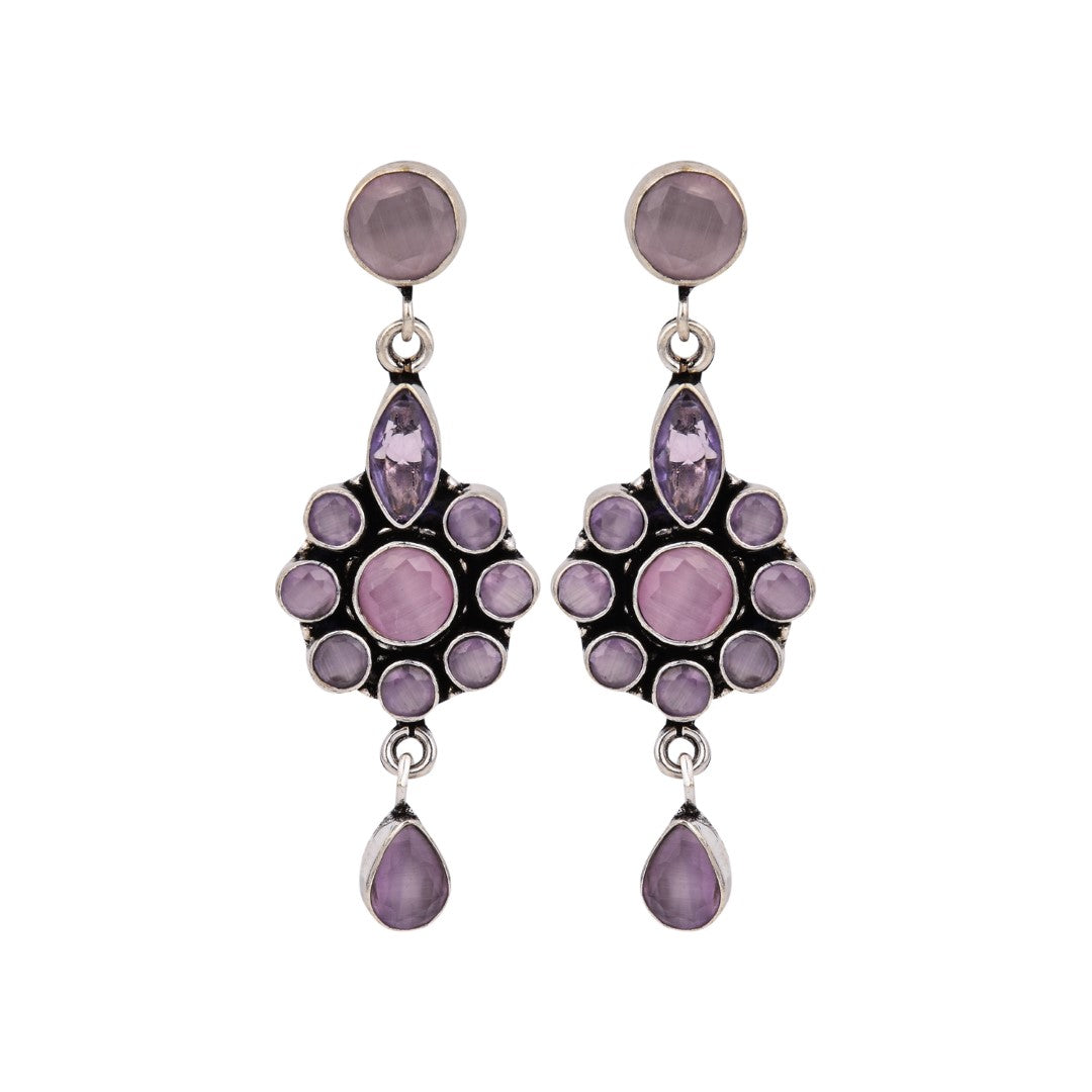 Brass Pink AD Stone Drop Earrings with Floral & Teardrop Design