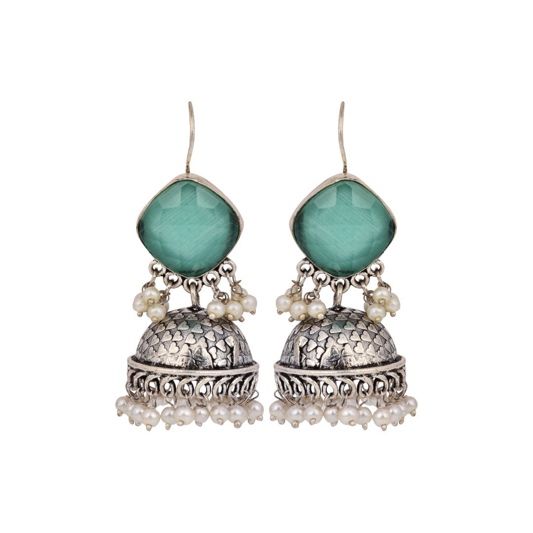 Silver Oxidised finish Jhumka with Blue Stone