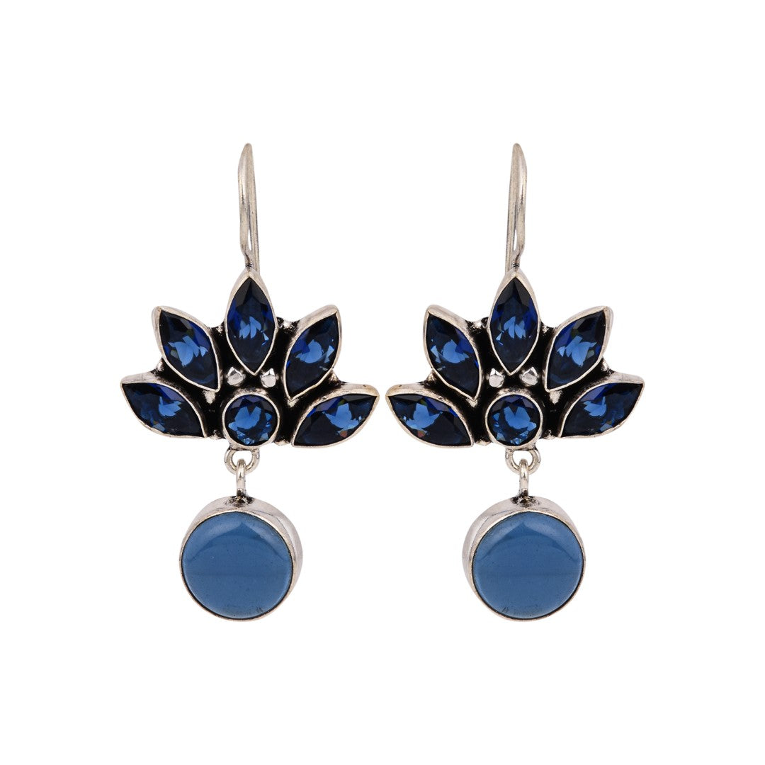 Silver Oxidized Lotus Drop Earrings Navy