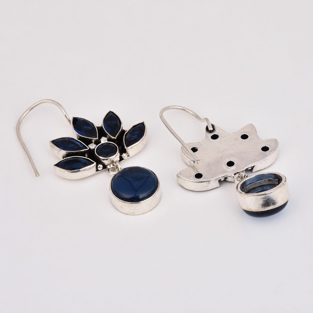 Silver Oxidized Lotus Drop Earrings Navy