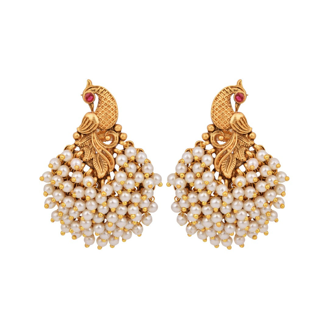 Temple-Style Gold-Plated Peacock Stud Earrings