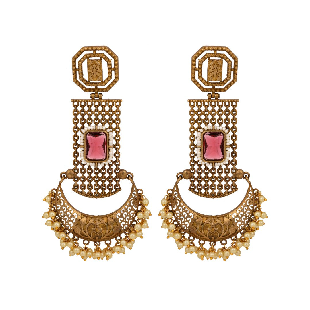 Antique Gold Filigree Drop Earrings with Pearl Elegance