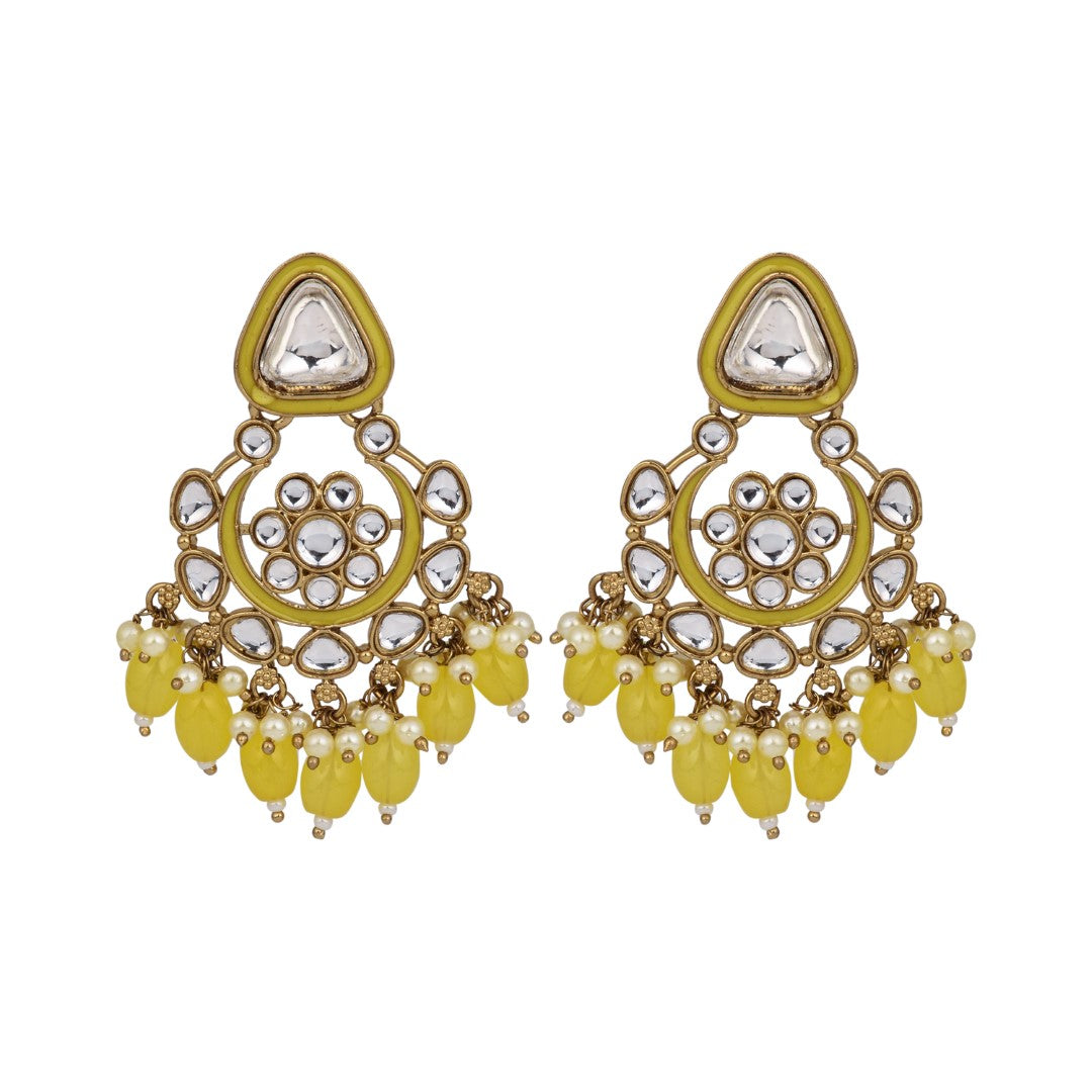 Gold plated kundan & Meenakari Chandbali Earring Yellow