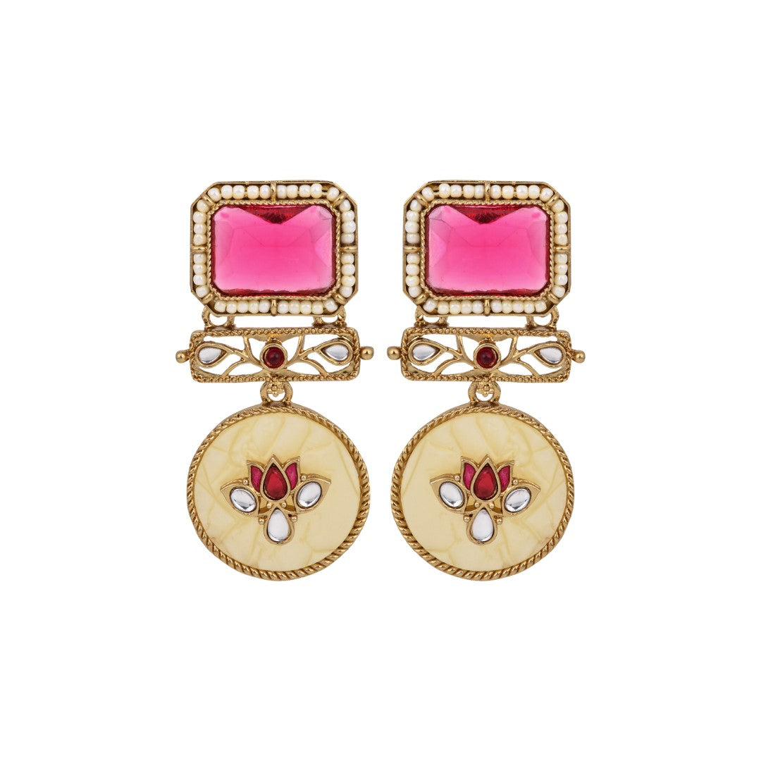 Lotus Motif Pink Stone Drop Earrings