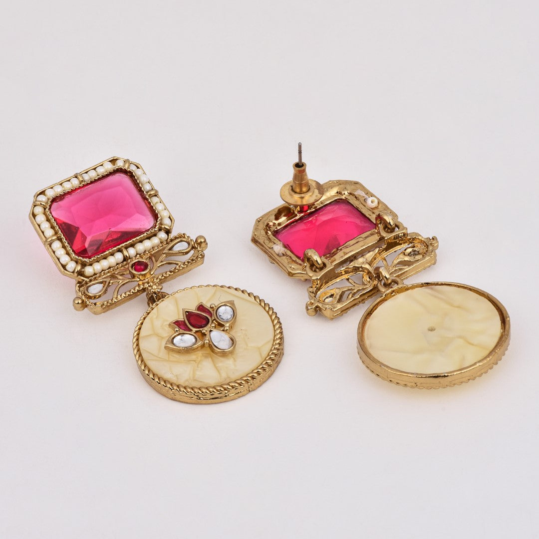 Lotus Motif Pink Stone Drop Earrings