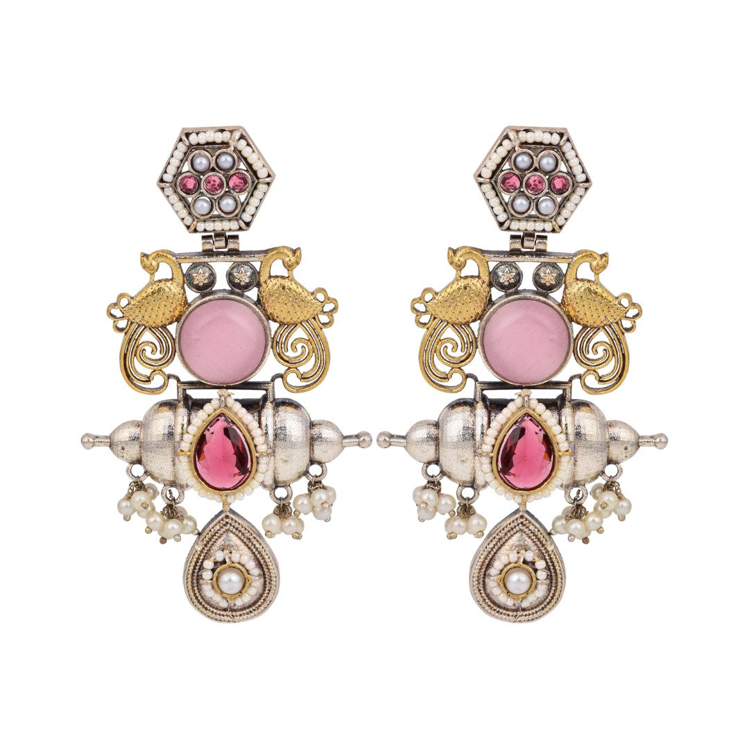 Dual-Tone Teardrop Earrings with Pink & White Sparkle