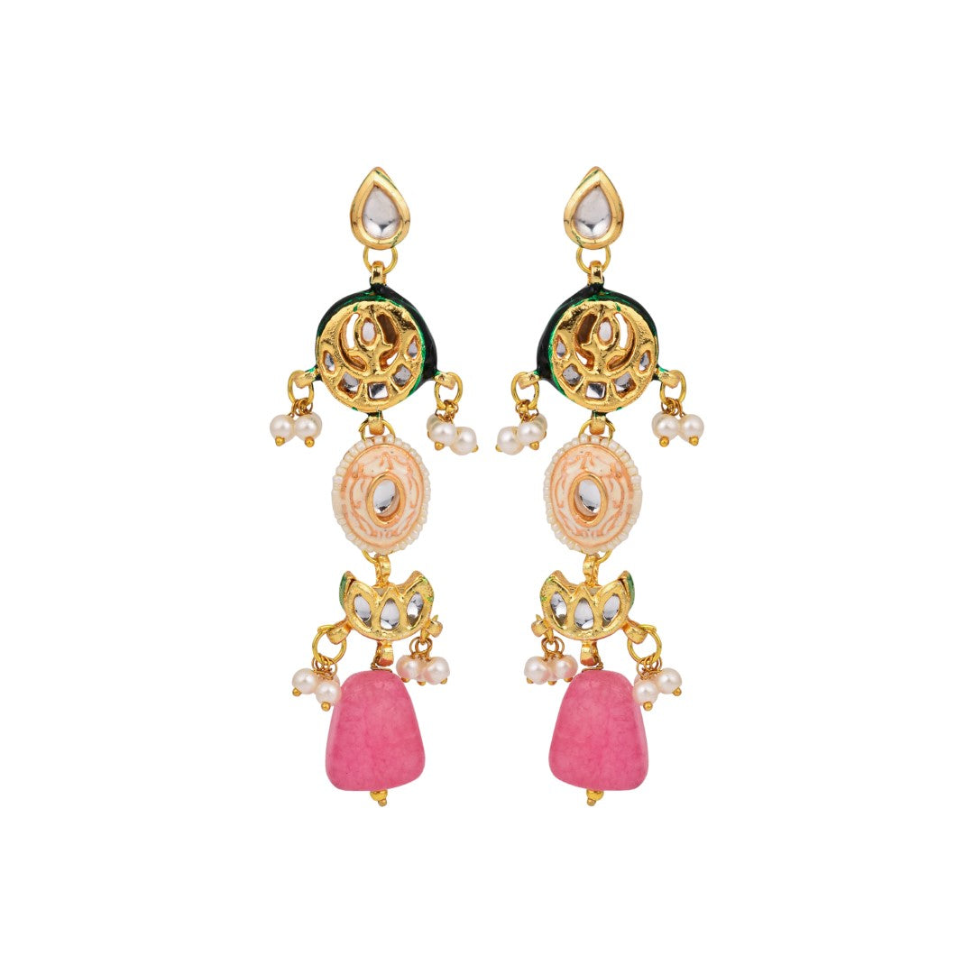 Gold-Plated Long Drop Earrings with Kundan, Meenakari & Natural Pink Stones