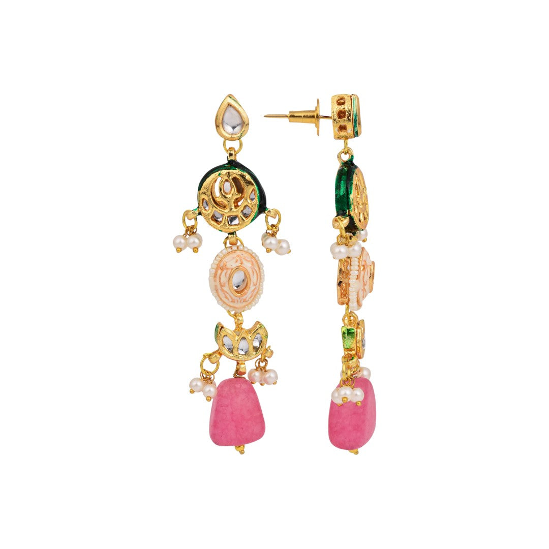 Gold-Plated Long Drop Earrings with Kundan, Meenakari & Natural Pink Stones