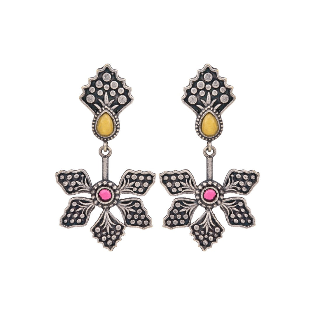 Silver Oxidized Flower Drop Earrings with Self-Embossing
