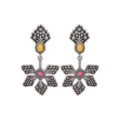 Silver Oxidized Flower Drop Earrings with Self-Embossing
