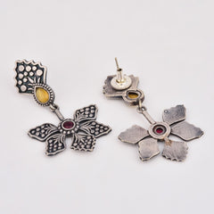 Silver Oxidized Flower Drop Earrings with Self-Embossing