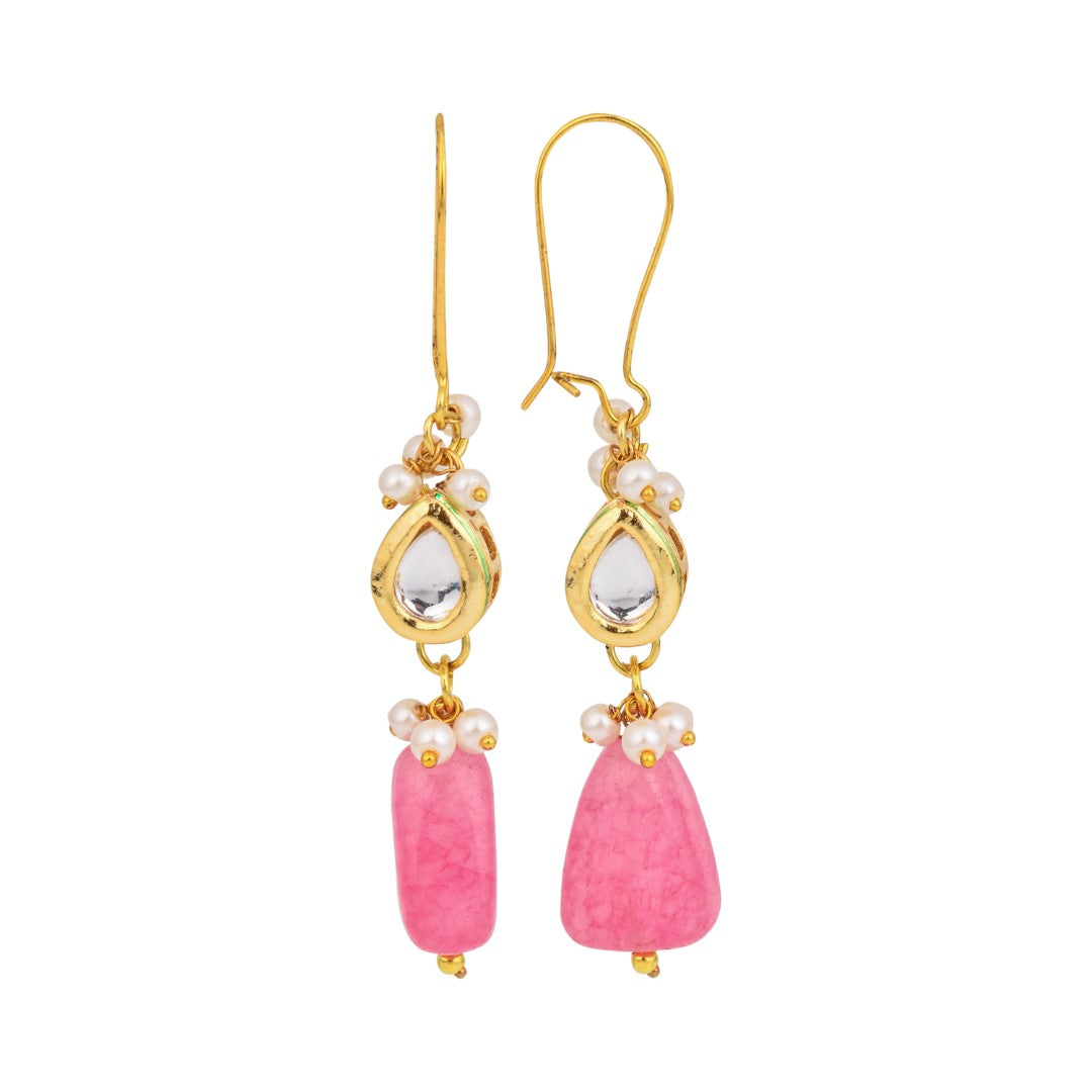 Gold-Plated Kundan & Natural Pink Stone Drop Earrings